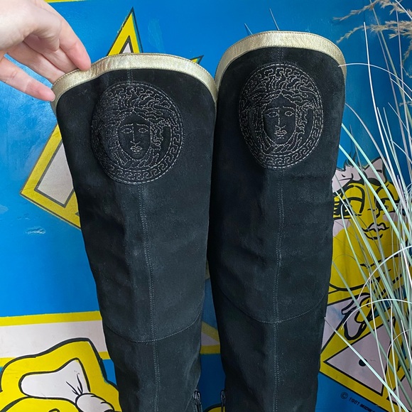 Versace Shoes Vintage Versace 9s Over The Knee Suede Leather Heel Thigh High Boot Gucci Ysl